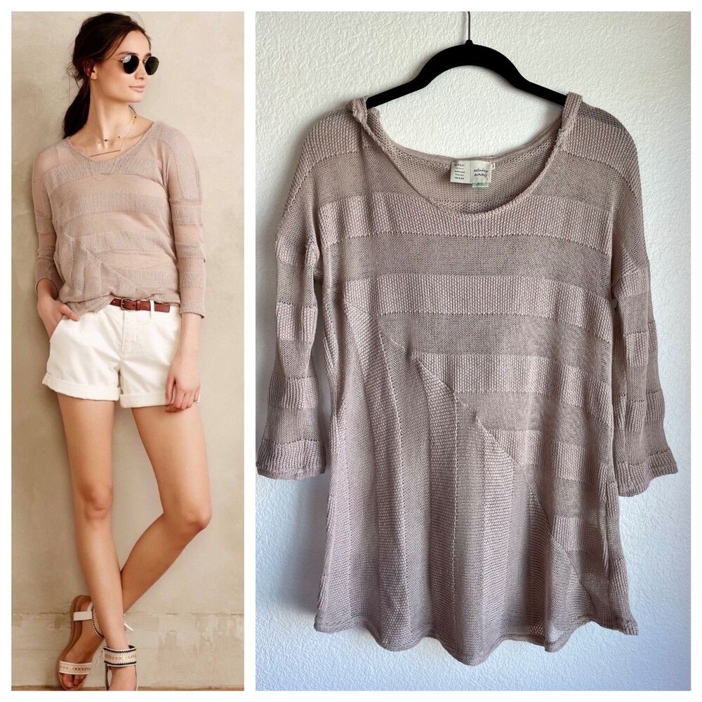 Anthropologie Saturday Sunday Sheer Striped Hooded Knit Sweater in Taupe Size M